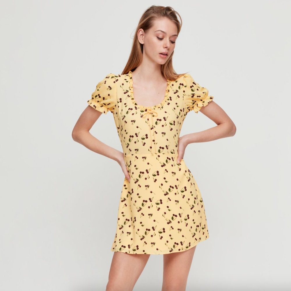 Aritzia Sunday Best Cher Yellow Cherry Print Mini Dress